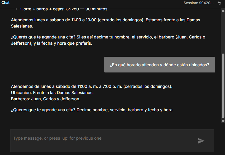 Respuesta del asistente con horario, ubicación y barberos