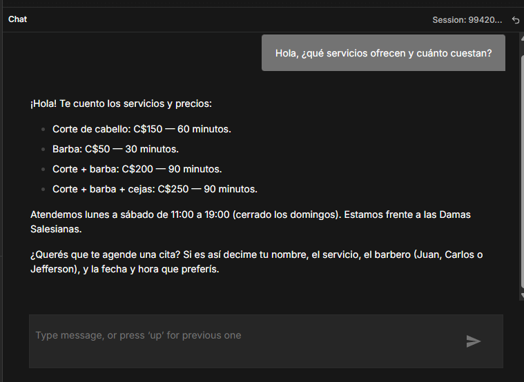 Respuesta del asistente en n8n con servicios, precios y duración