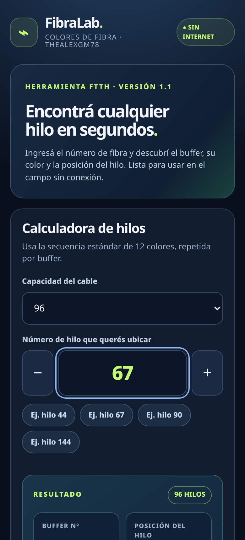 Captura real de la calculadora FibraLab identificando el hilo 67, buffer blanco y posición roja